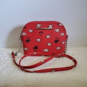 Betsey Johnson Red Silver Eyelashes Lips Crossbody Shoulder Bag Purse